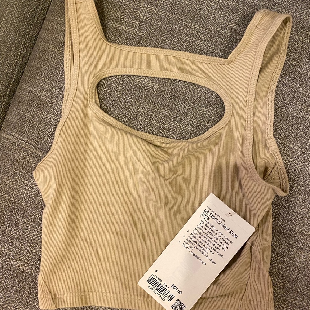 Beige Ribbed Cutout Tank Top